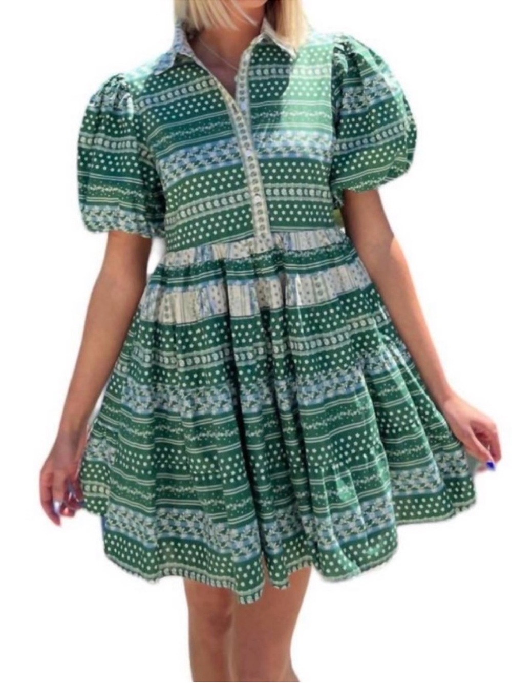 AUREUM “Augusta” Green Printed Puff-Sleeve Collar Dress